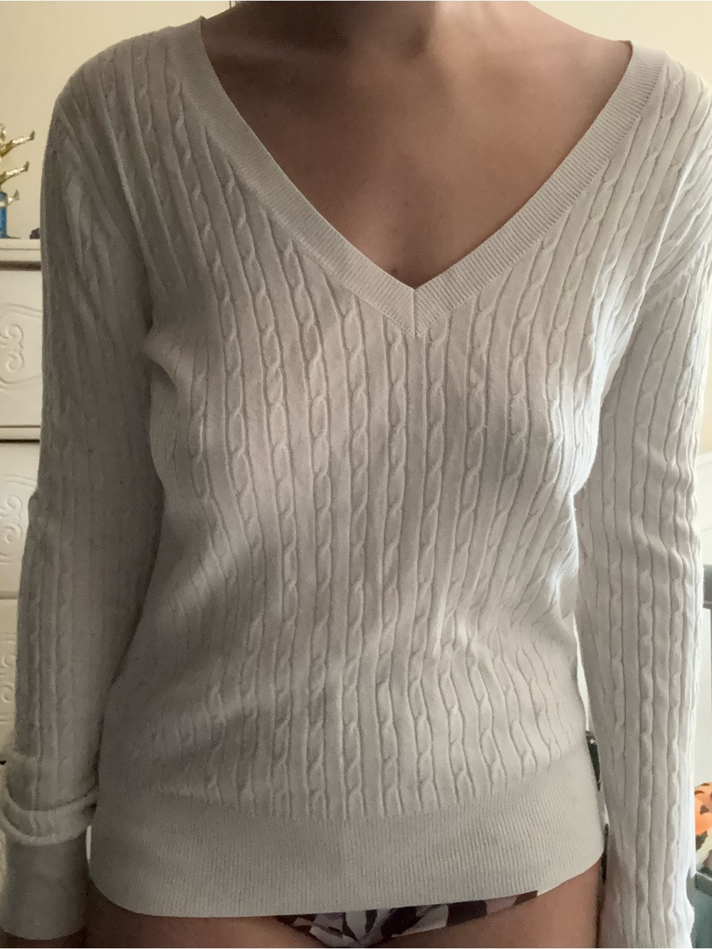 Forever 21 Cream Cable Knit V-Neck Sweater